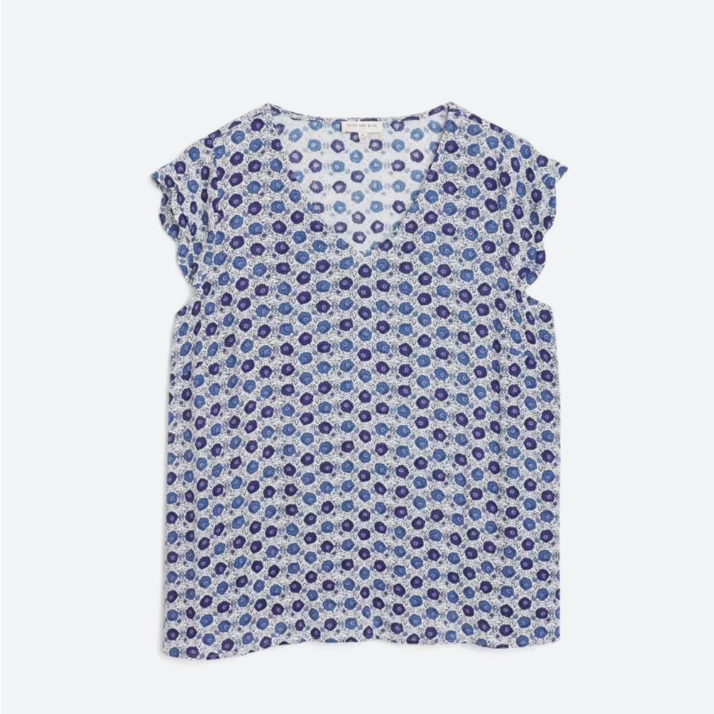 Skies Are Blue Blue & White Floral Dot Cap-Sleeve Blouse